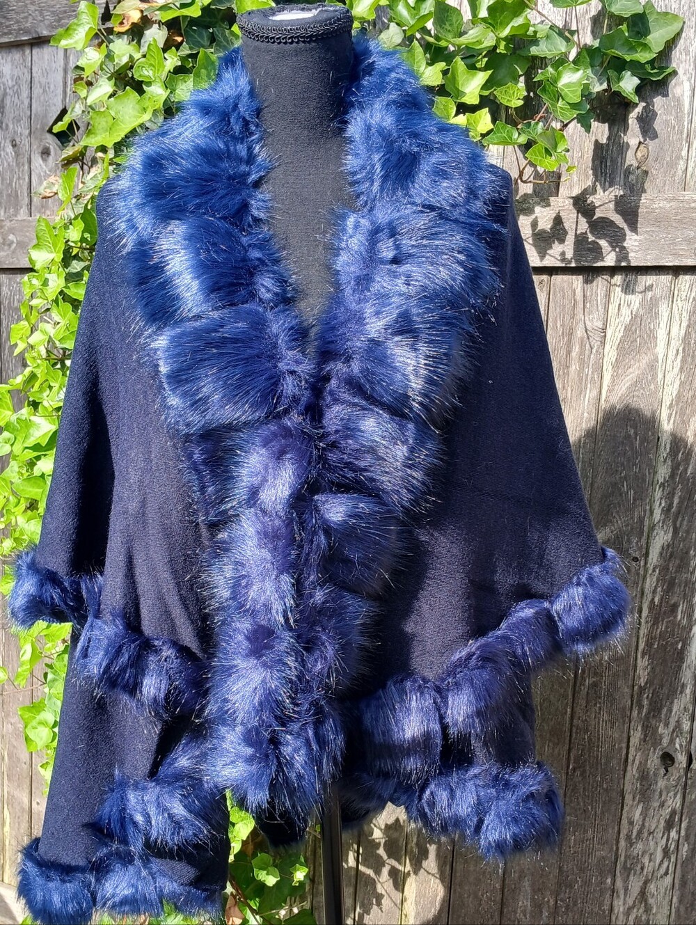 Chic Navy Blue Wrap Jacket With Faux Fur Accents